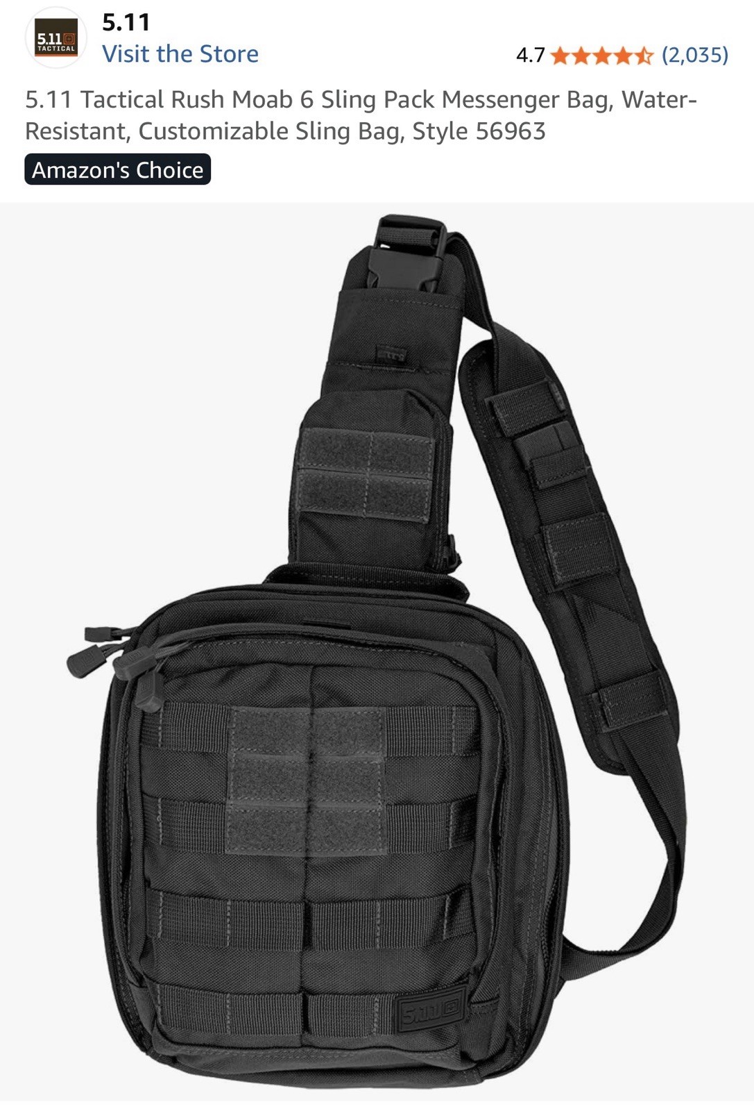 5.11 TACTICAL RUSH MOAB 6 SLING PACK MESSENGER BAG - BLACK