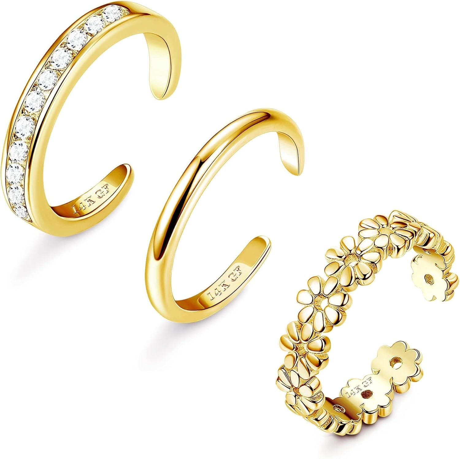 FIASASO 3Pcs Gold Filled Toe Rings for Women Non Tarnish 14K GF