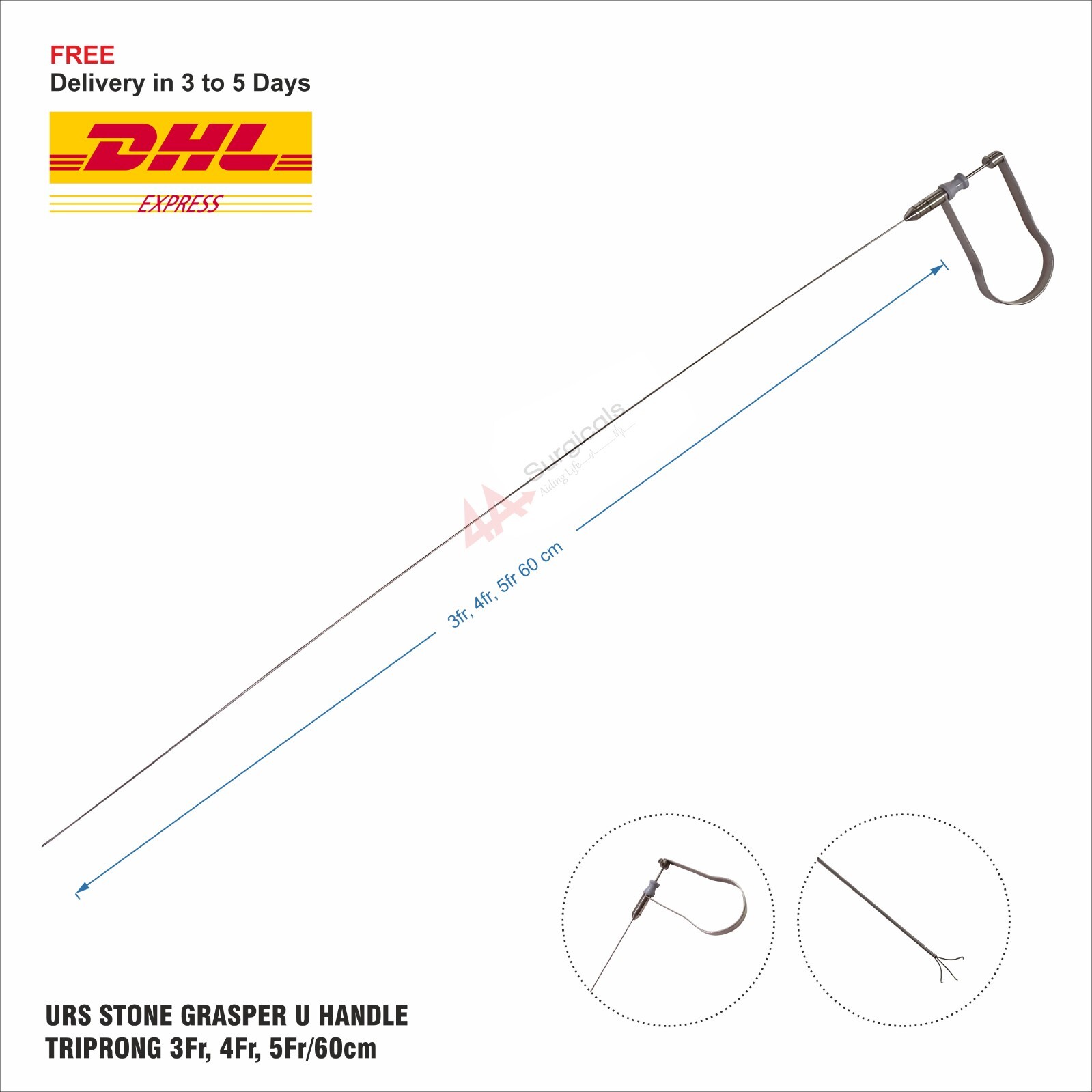 4A URS STONE GRASPER U HANDLE TRIPRONG 3Fr, 4Fr, 5Fr/60cm