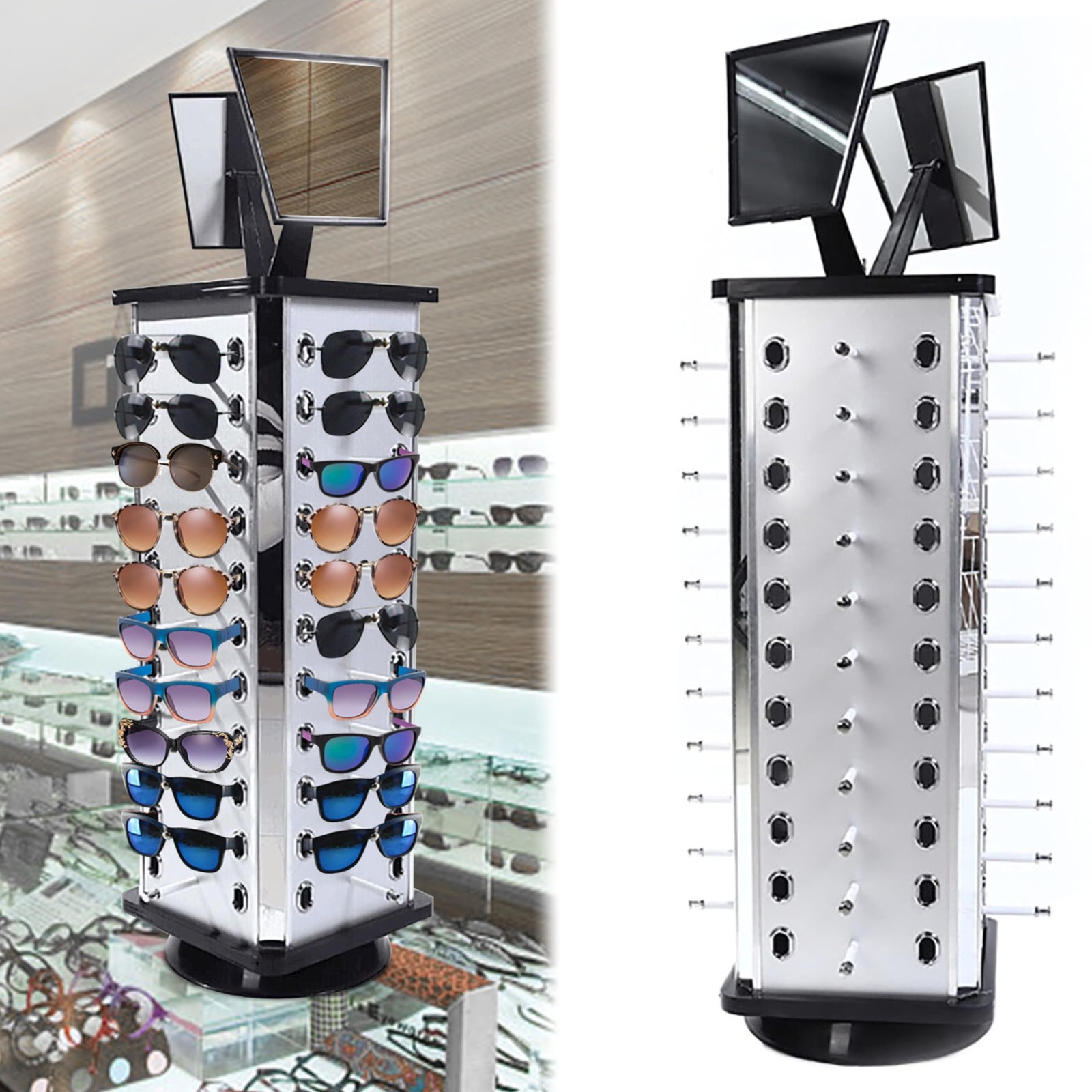 44 Pairs Sunglasses Eyeglasses Display Stand Show Holder With Mirror 360° Rotate