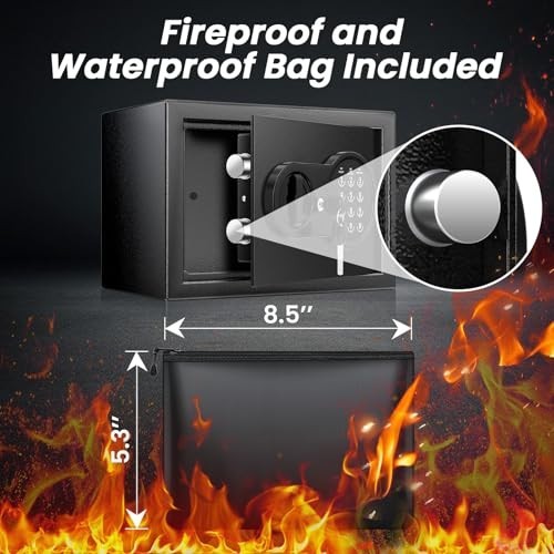 Fireproof Waterproof Safe Box with Keys & Passcode, Wall Mount, Smart Alert Syst