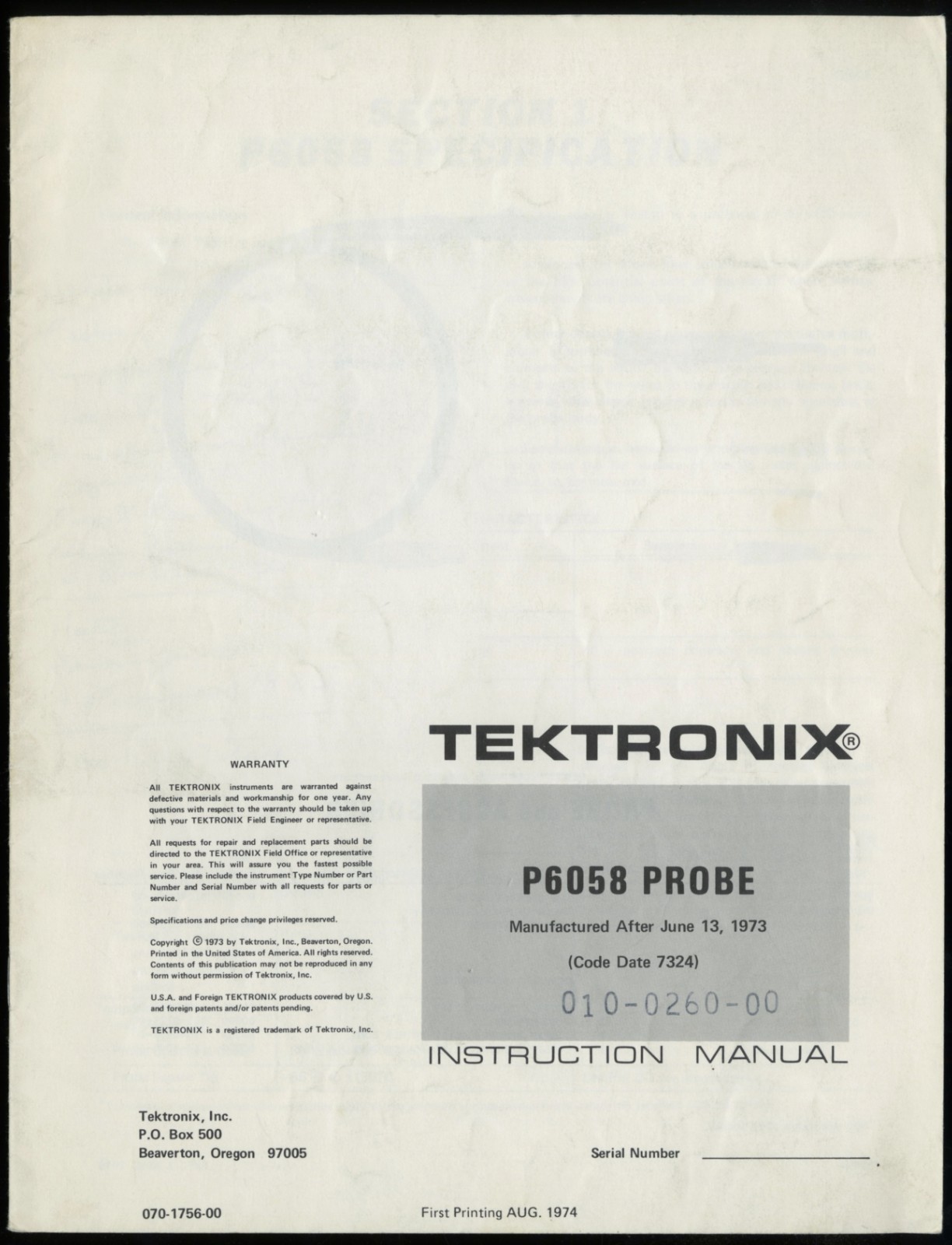TEKTRONIX P6058 PROBE INSTRUCTION MANUAL, 010-0260-00, 070-1756-00
