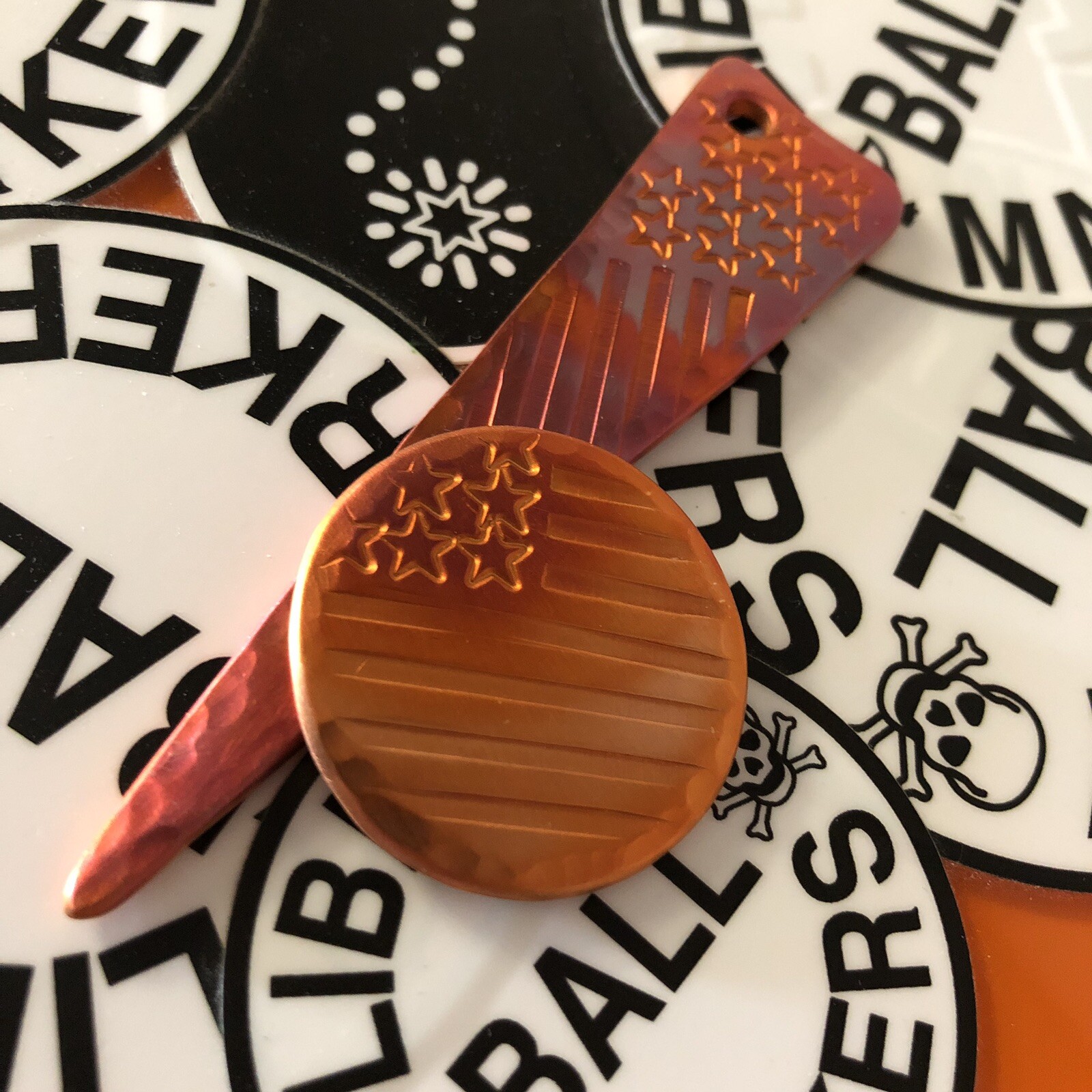 OLD GLORY!  Hand Made Custom Copper Golf Ball Marker & Divot Repair Tool Combo!