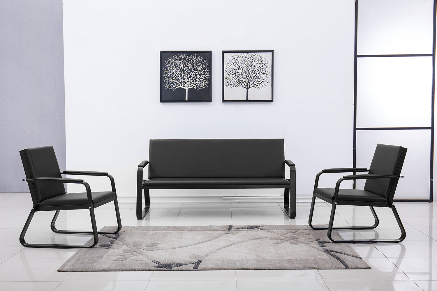 Black Reception Room Bench Chair Office Guest WaitingRoom PVC Leather SteelFrame