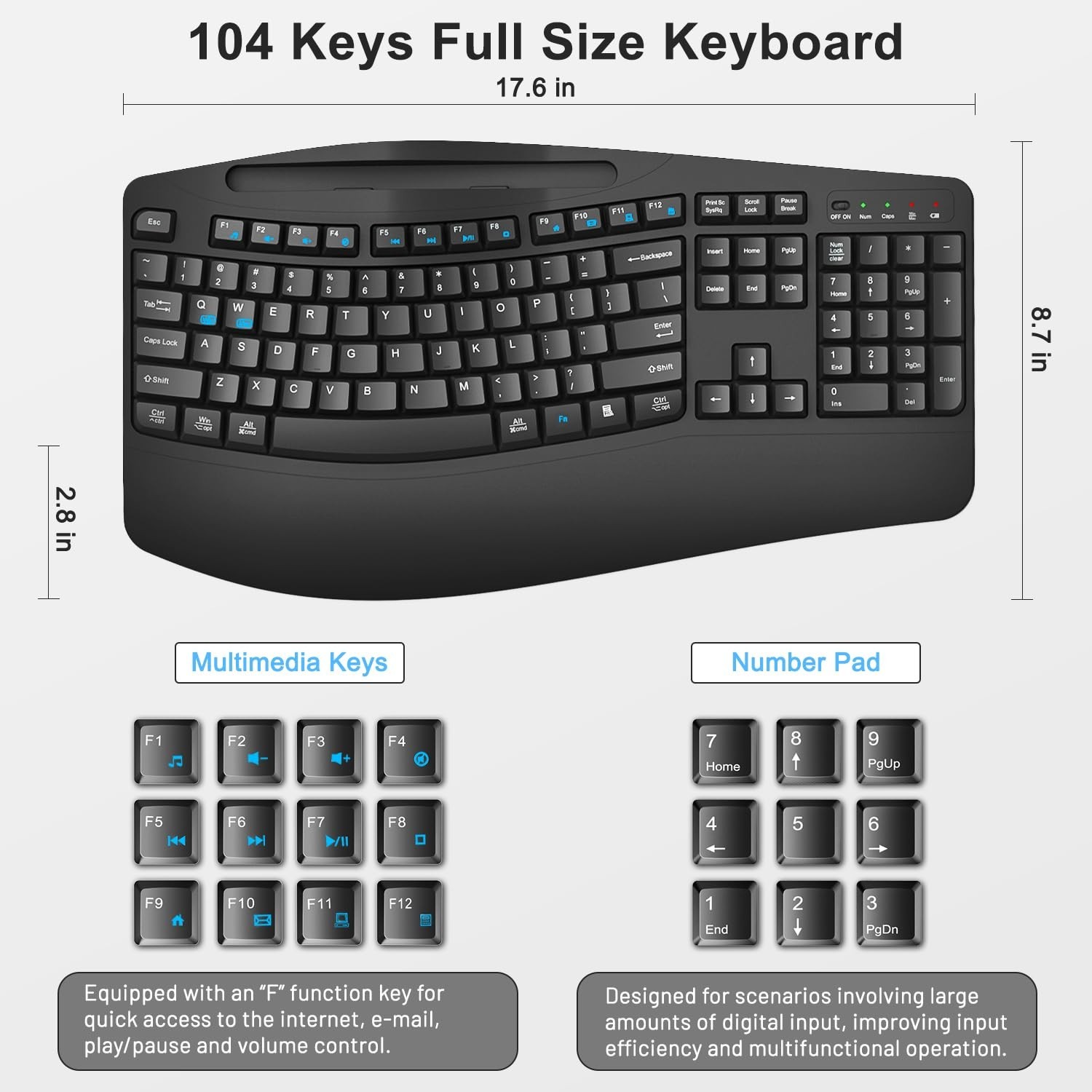 Wireless Keyboard and Mouse Combo, Full Size Ergonomic Wave Keys(Black) | 2.4...