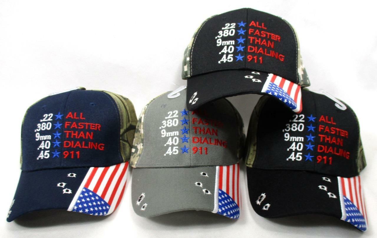 .22 .380 9mm .40 .45 All Faster Than Dialing 911 Ball Cap Hat 2nd Amendment Flag
