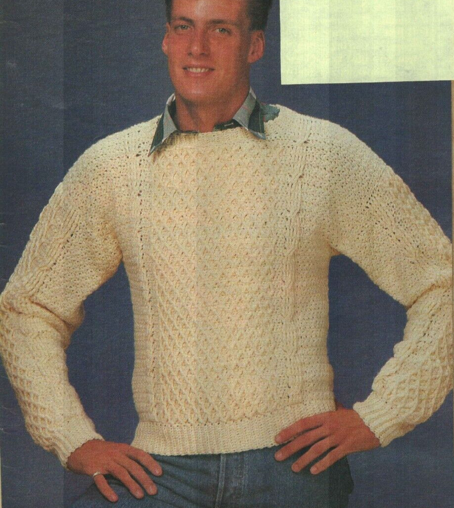 FISHERMAN PULLOVER SWEATER MEN'S 3 SIZES DIGEST SIZE CROCHET PATTERN INSTRUCTION