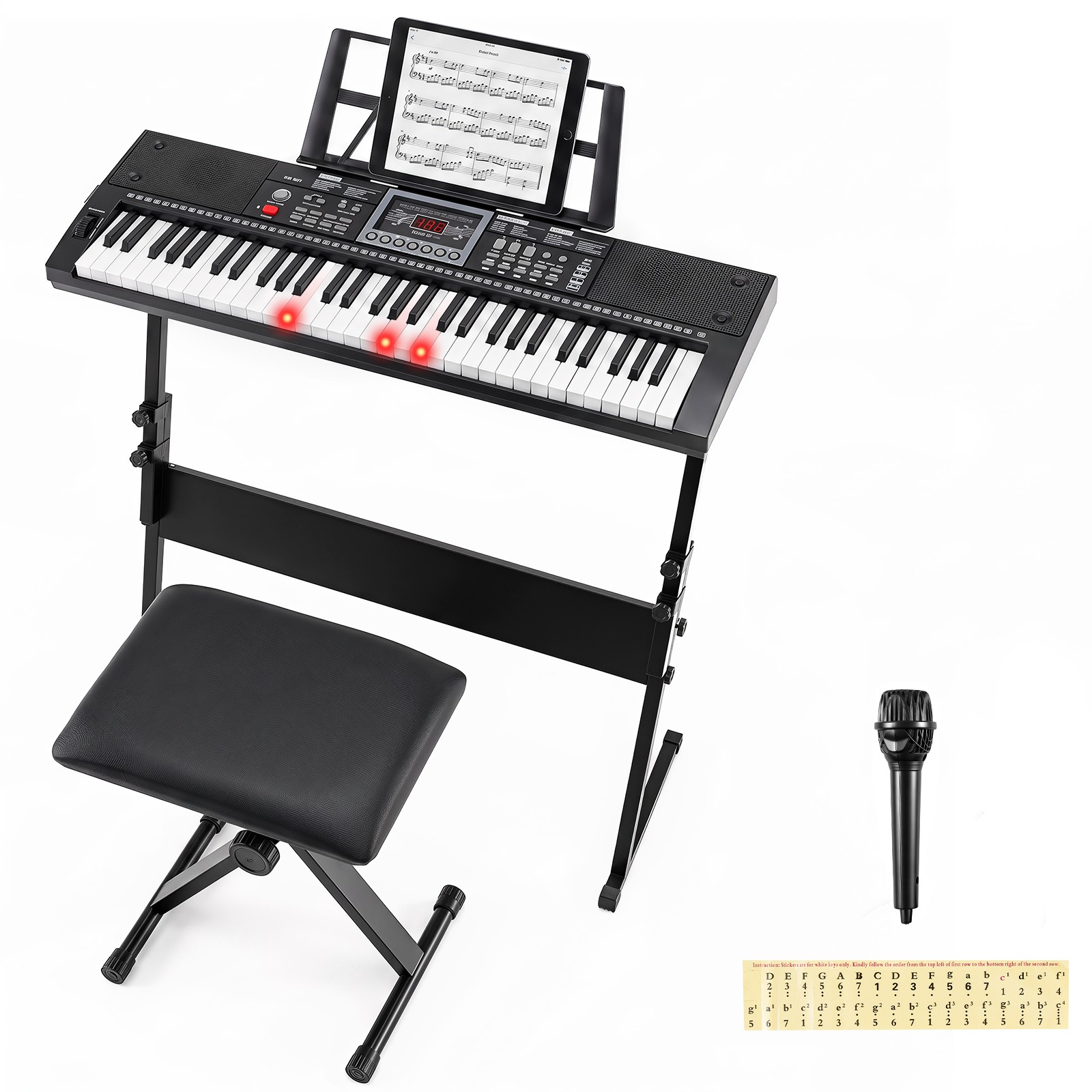 61 Key Keyboard Piano for Beginners w/ Stand, Stool, Lighted Keys, Microphone