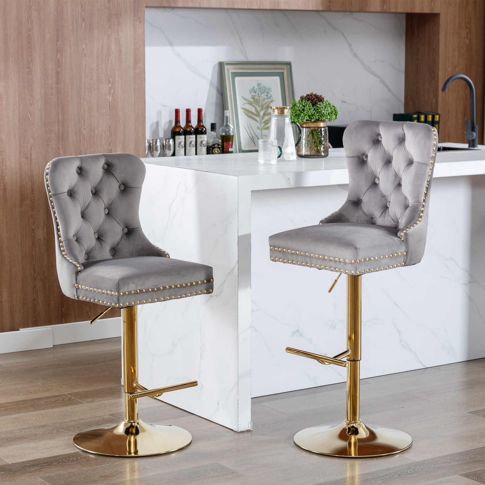 A&A Furniture Golden Swivel Velvet Barstools - Adjustable (27-35"), Tufted