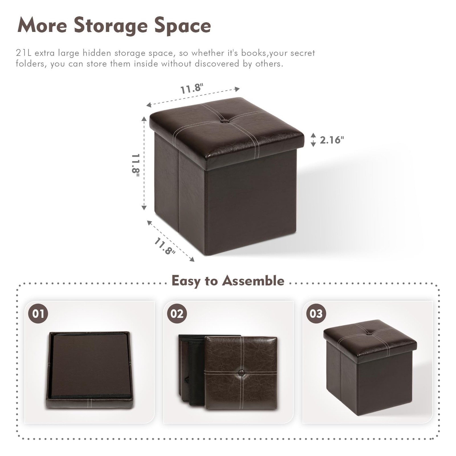 Brown 11.8 Cube Folding Storage Ottoman, Faux Leather, Footrest, Coffee Table
