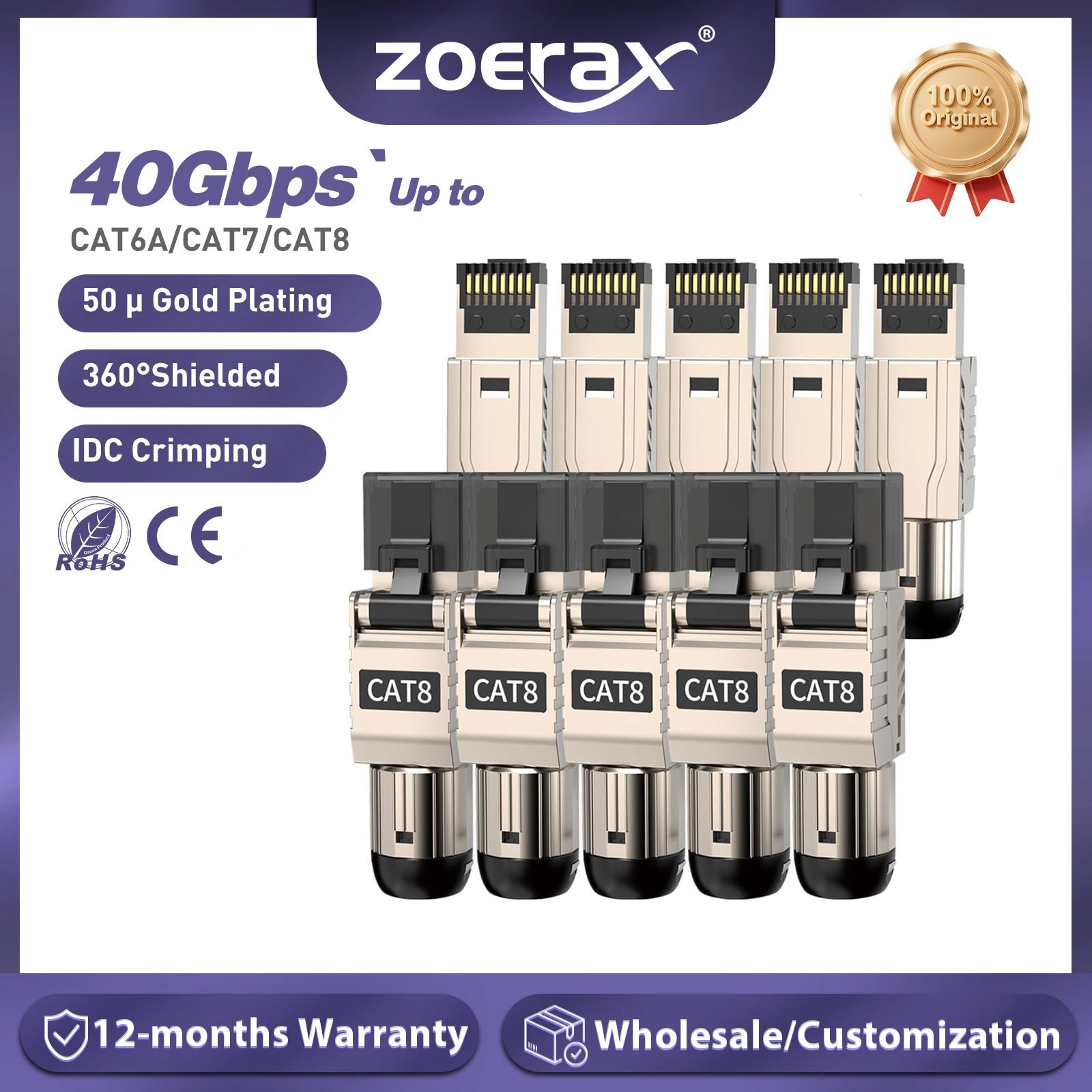 ZoeRax 10PCS RJ45 Cat8 Cat7 Cat6A Connectors RJ45 Metal Tool Free