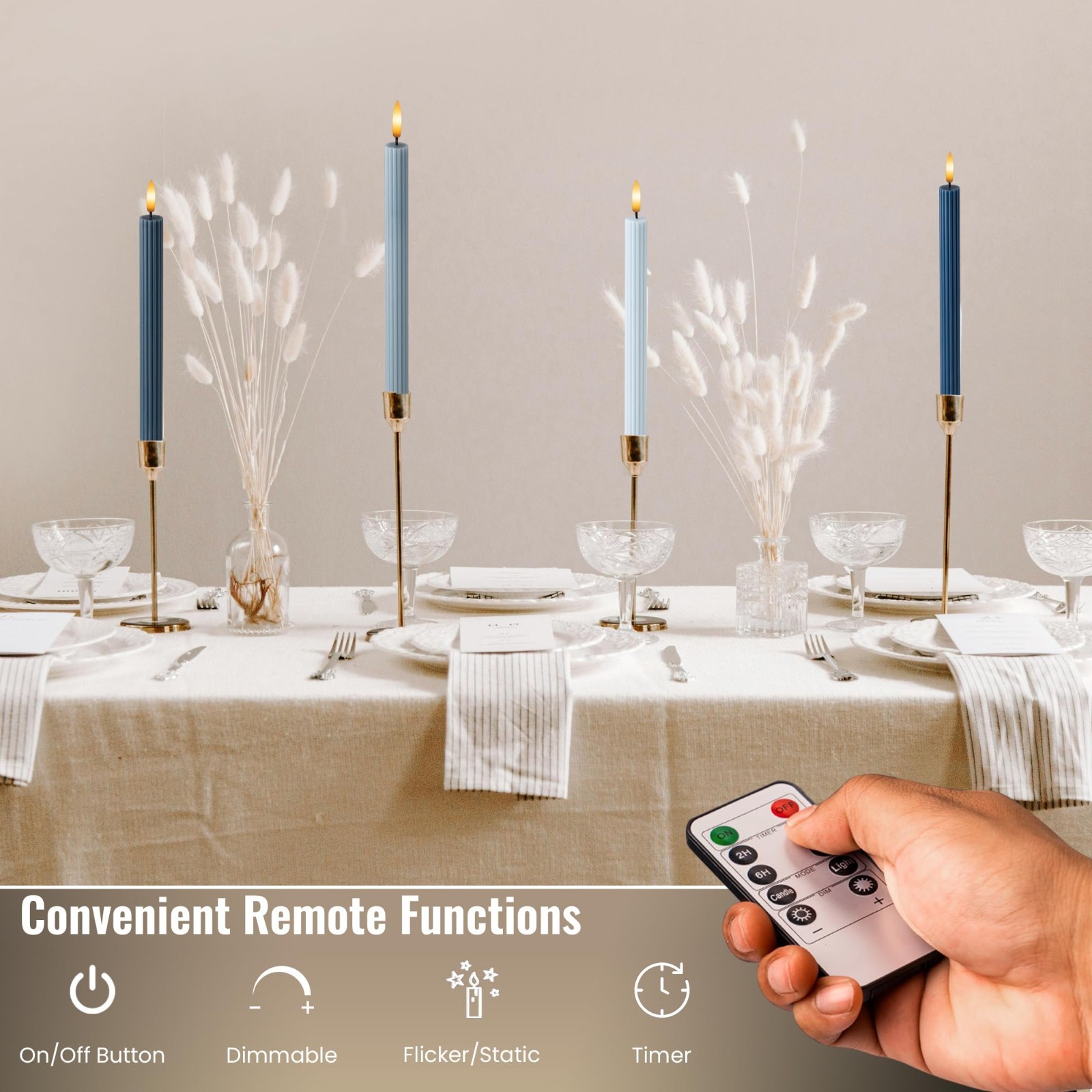 4 Pack 10" Overcast Blue LED Flameless Taper Candles with Remote & Timer