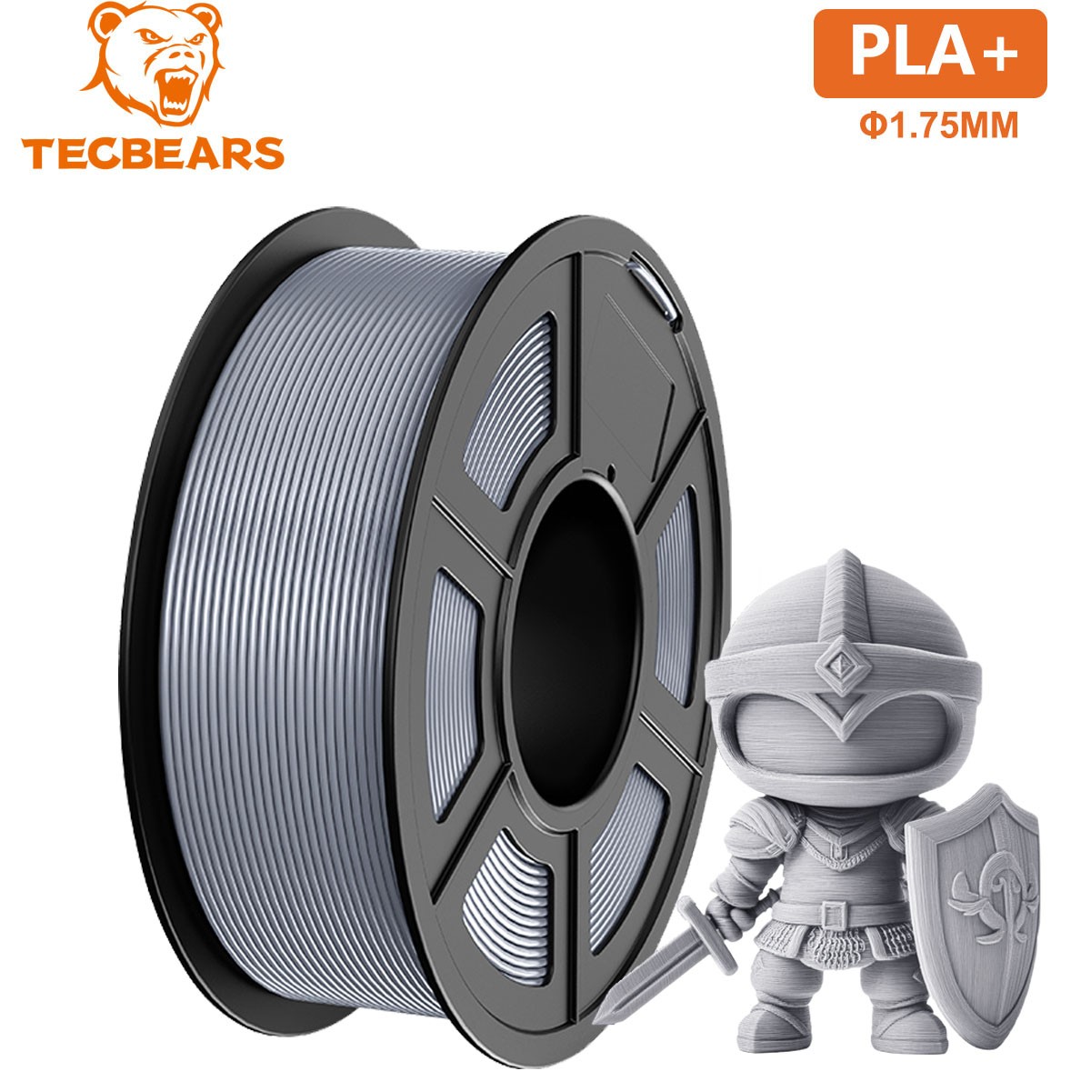 TECBEARS PLA Plus Filament Silver 1.75mm 3D Printer Filament PLA+ 1KG Neatly