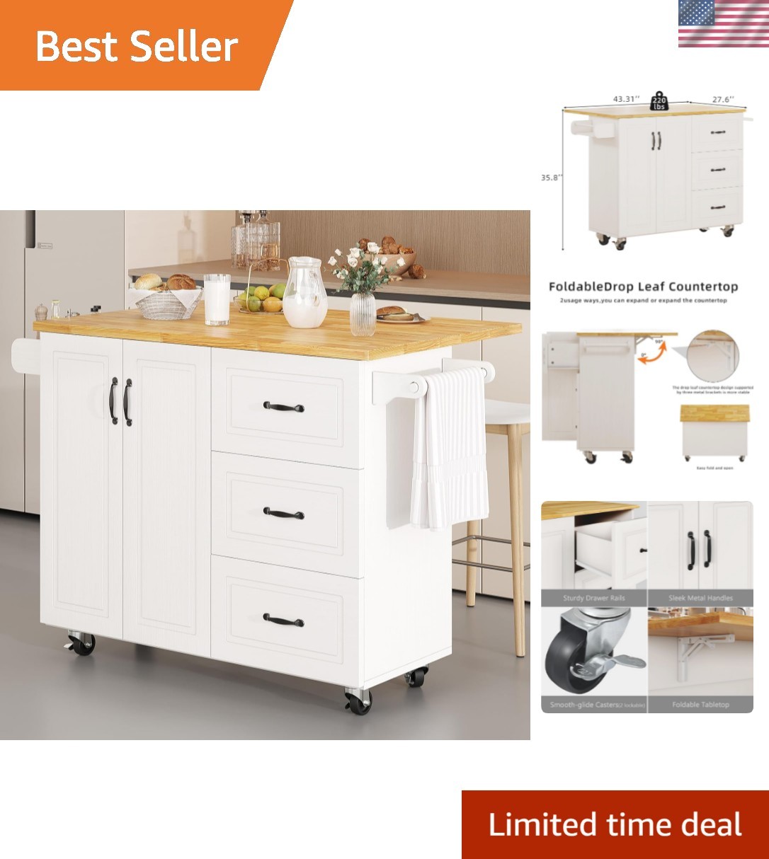 Kitchen Island with Storage on Wheels, Rolling Kitchen Island with Spice Rack...