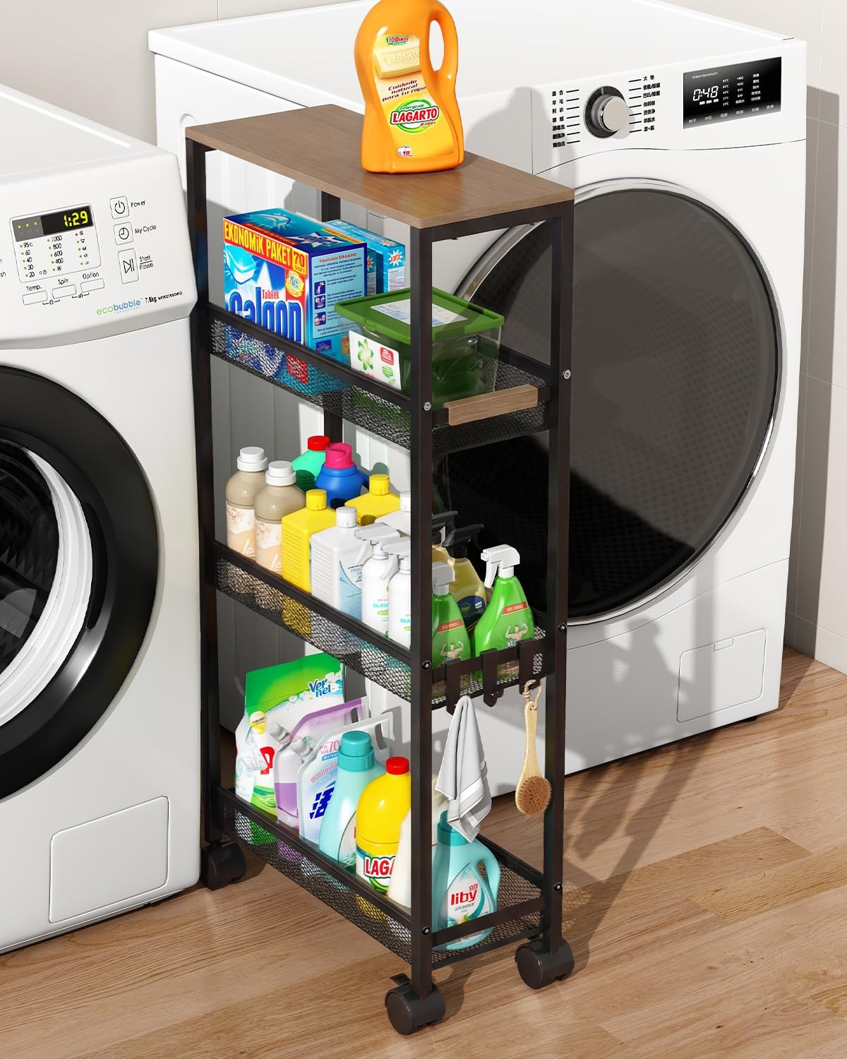 Utility Slim Storage Cart, 4 Tier Rolling Cart with Wheels, Narrow Storage Ca...