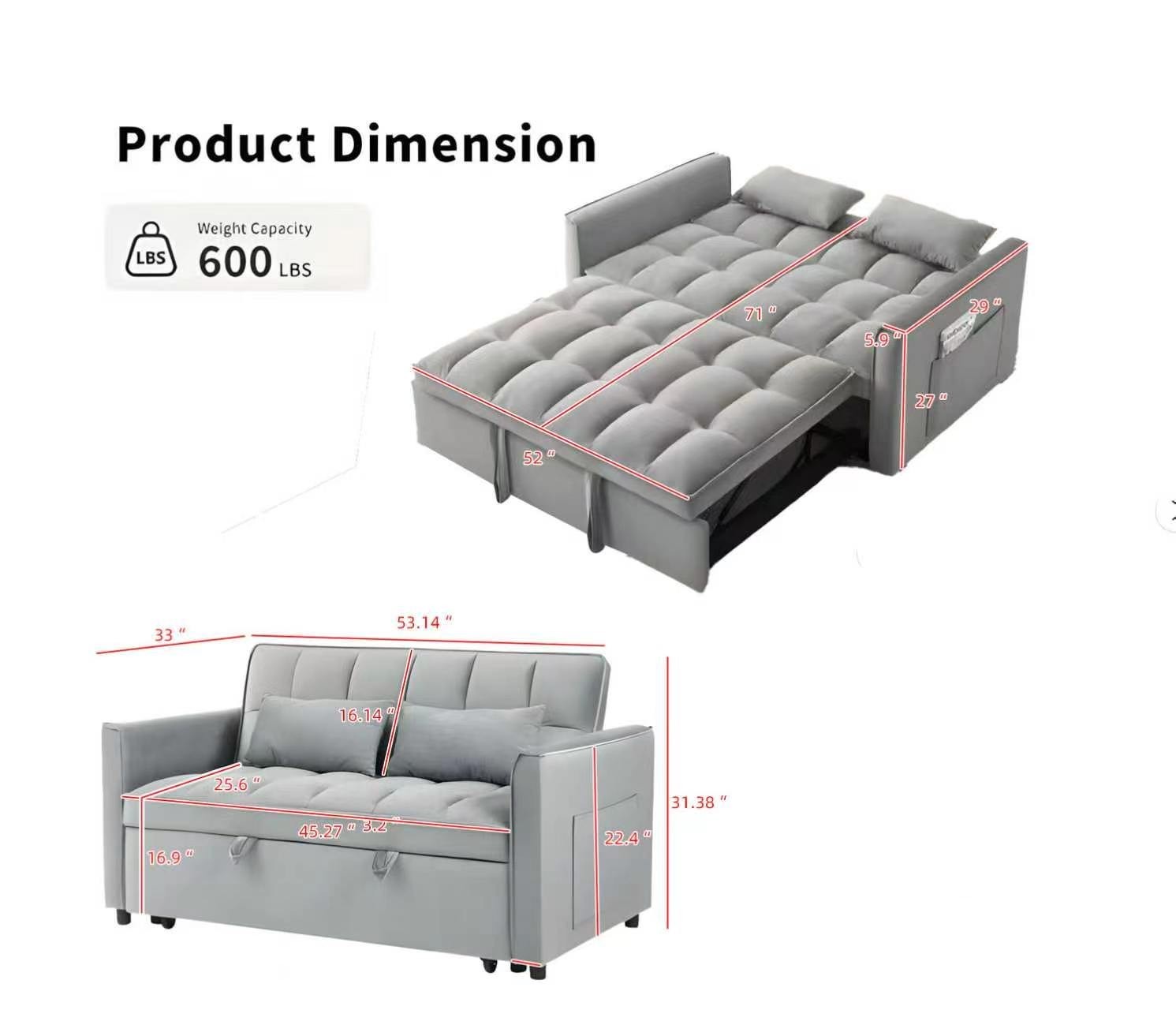3 in 1 Convertible Sleeper Sofa Bed Velvet Loveseat Pull Out Sofa Bed Couch Gray