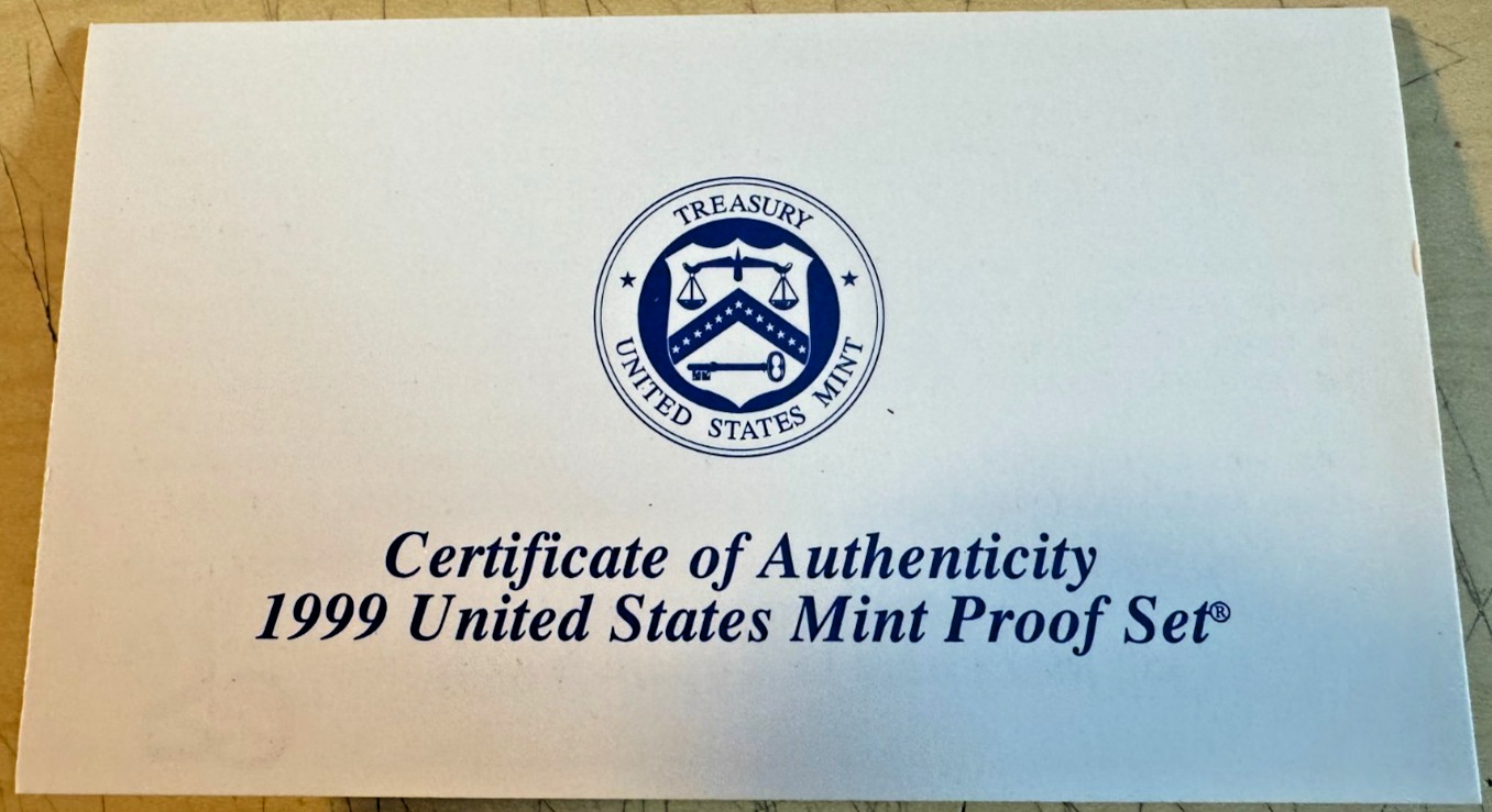1999 US Mint Proof Set - 9 Coins First Year State Quarters - Original Box & COA
