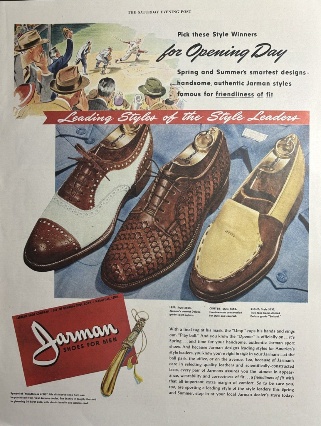 1947 Jarman Shoes For Men Opening Day Styles Nashville Tenn VTG Print Ad