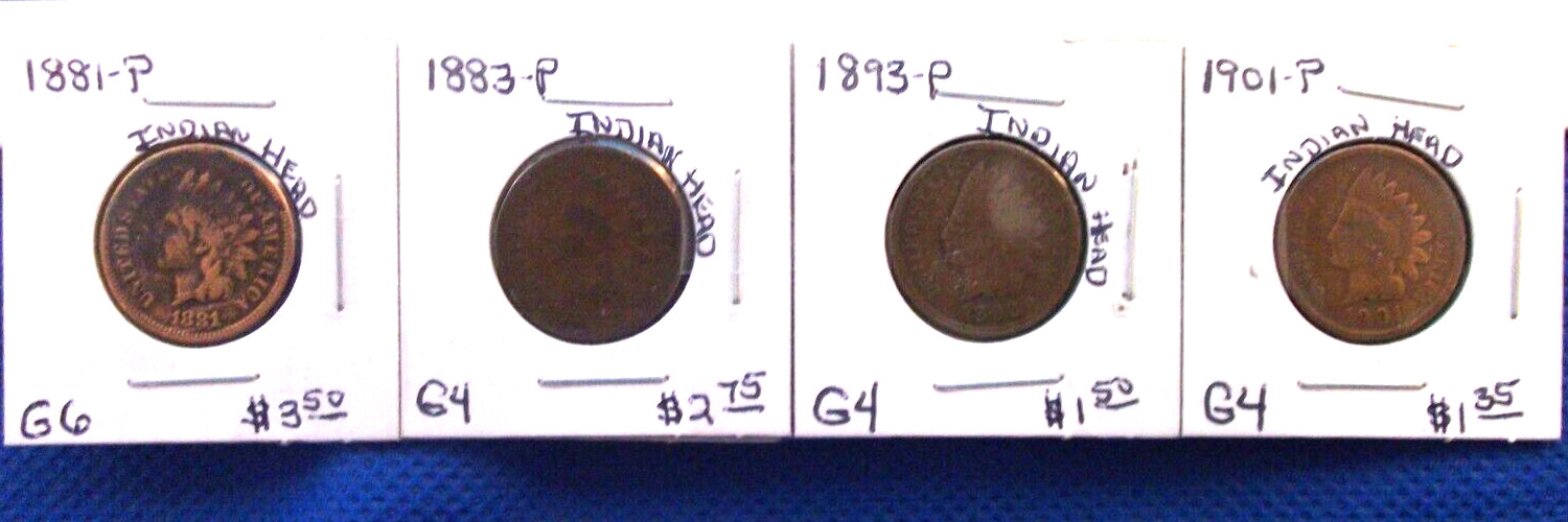 1881 / 1883 / 1893 / 1901 PHILADELPHIA INDIAN HEAD CENTS IN MIXED CONDITION