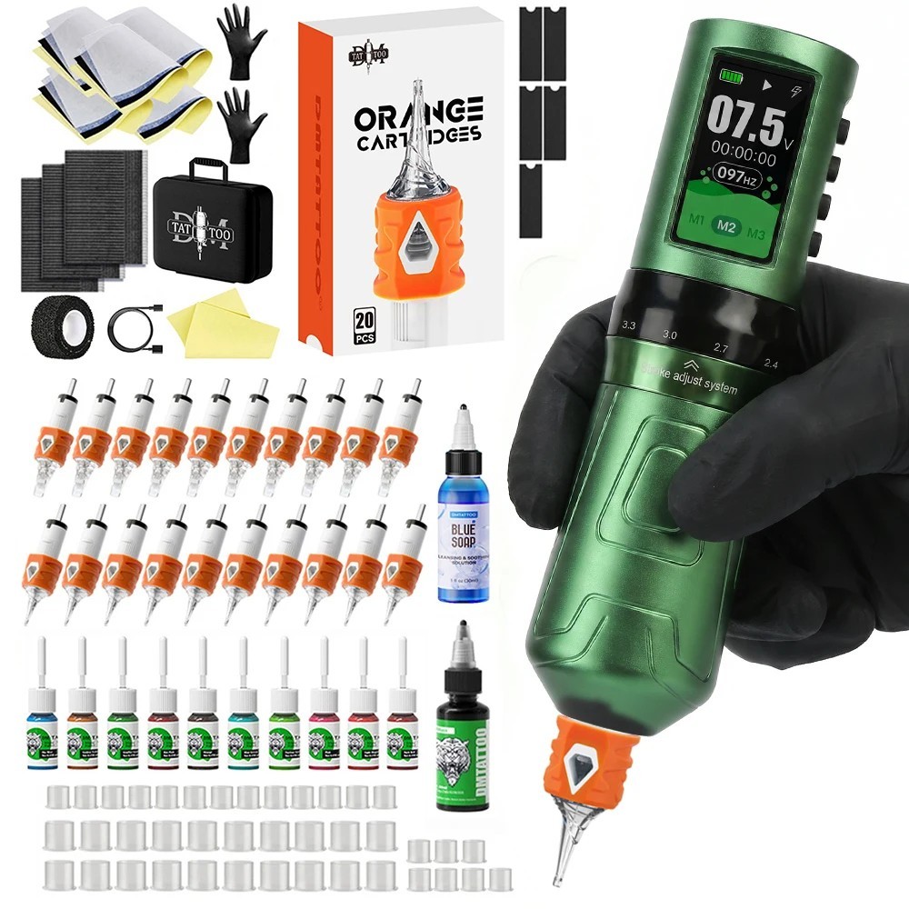 DM Tattoo Kit Greenior Wireless Adjustable Stroke Tattoo Pen 1800mAh Battery Kit