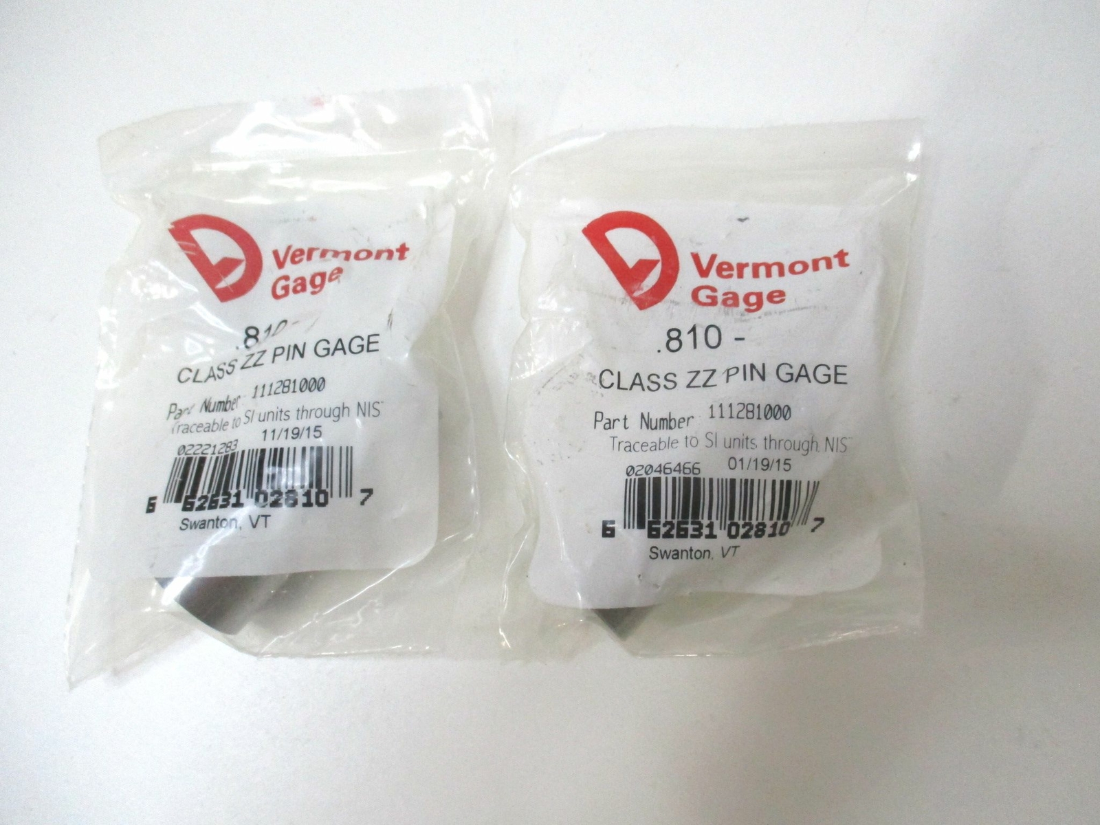 Vermont Gage (111281000) 0.810" Tolerance Class ZZ Steel No-Go Pin Gage - Qty 2