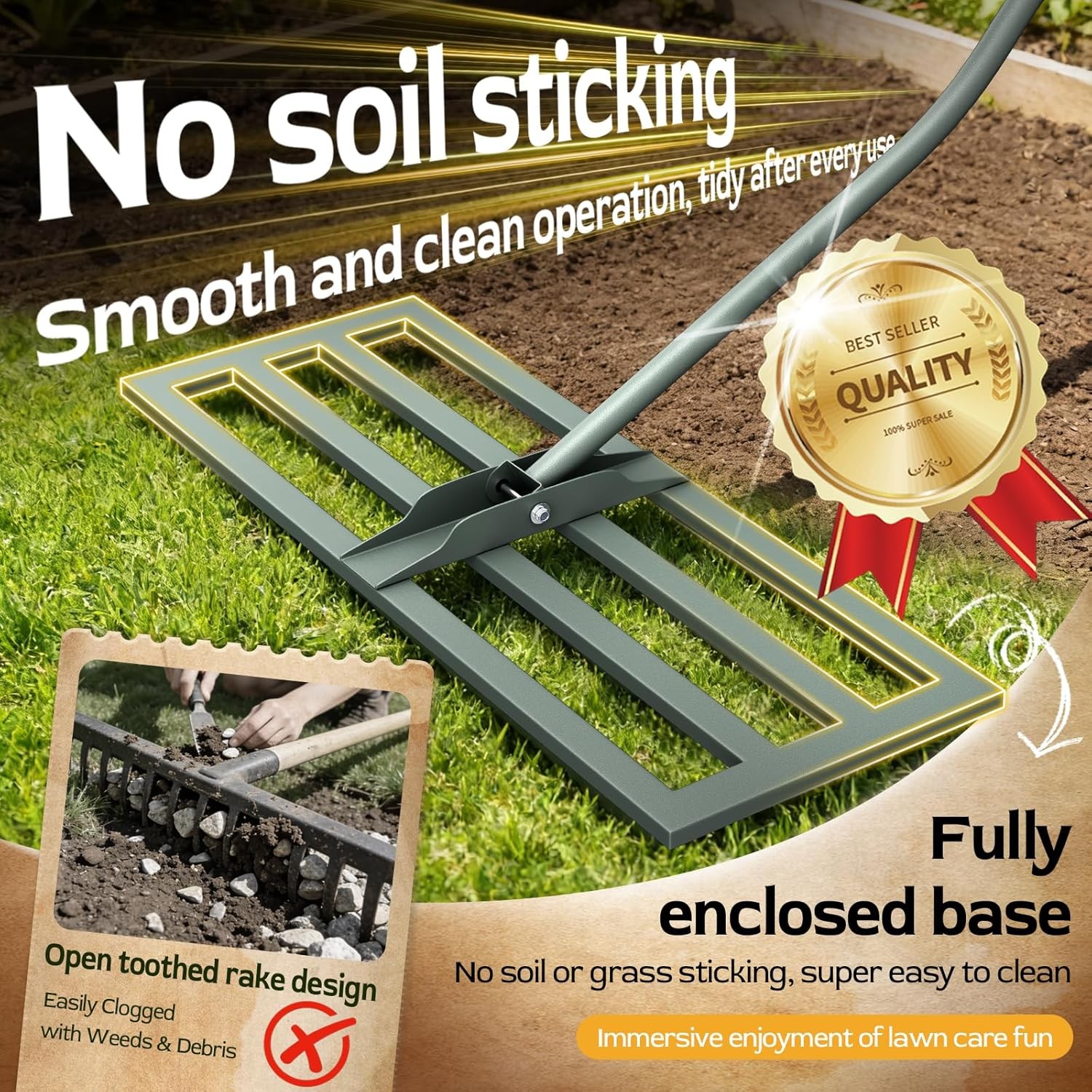 31.5×11.8 Heavy-Duty Lawn Level Rake, Ergonomic Handle