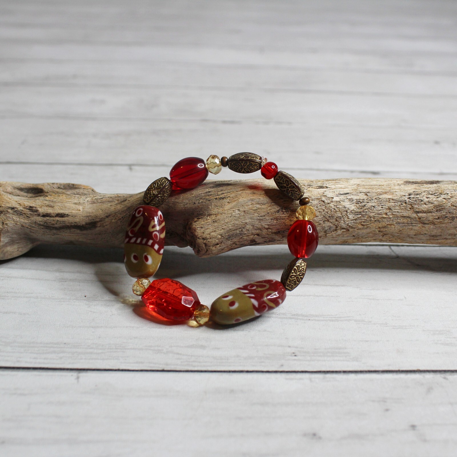Handcrafted Women's Beaded Elastic Stretch Bracelet Artisan Jewelry Glass Metal