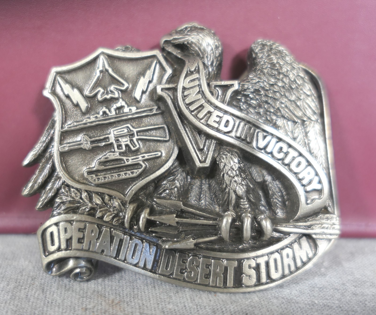 Pewter 1991 "United In Victory Operation Desert Storm" Eagle Belt Buckle 2.75"
