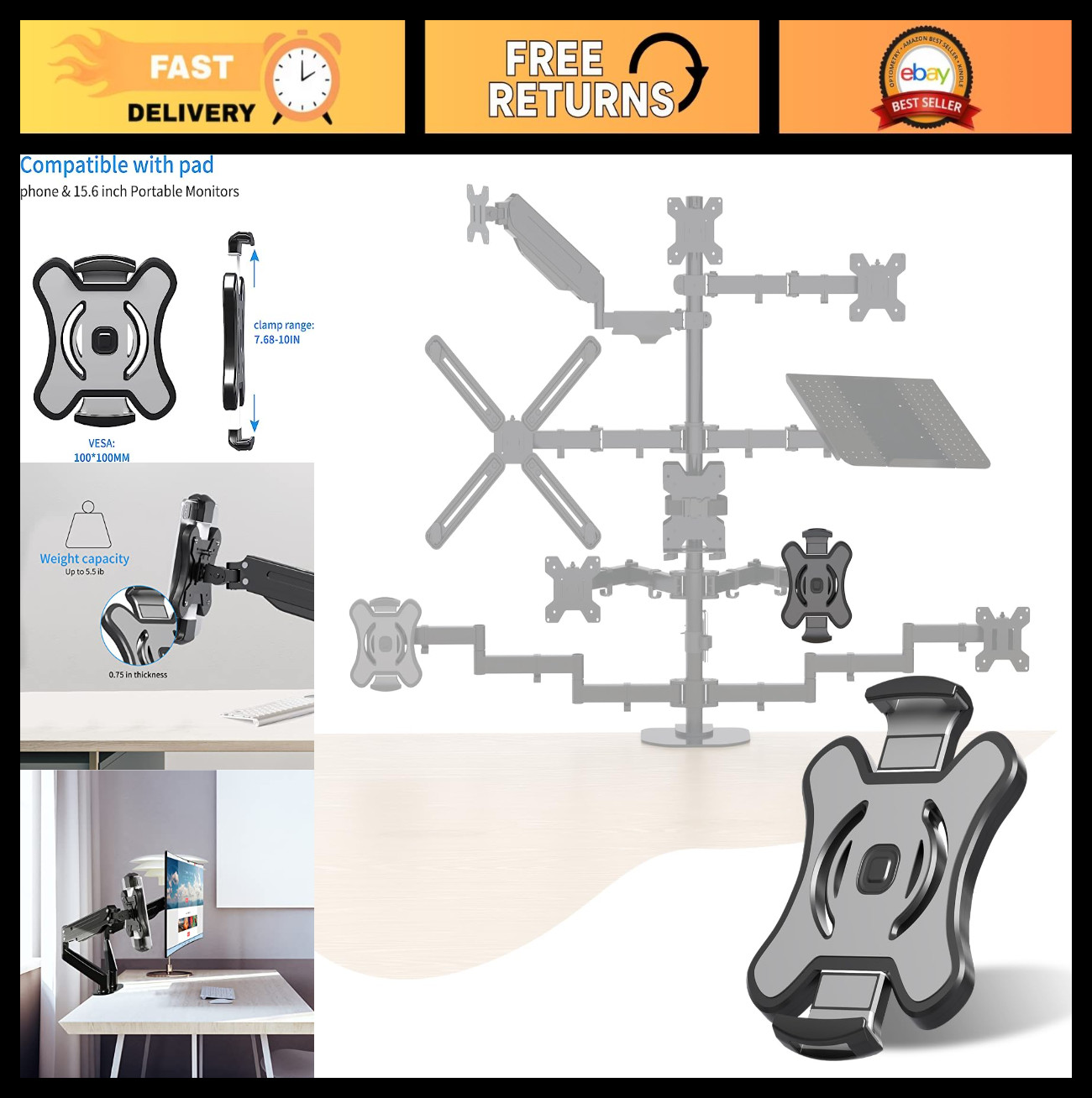 Universal VESA Mount Adapter for Tablets & Laptops, Adjustable Holder for 15.6"