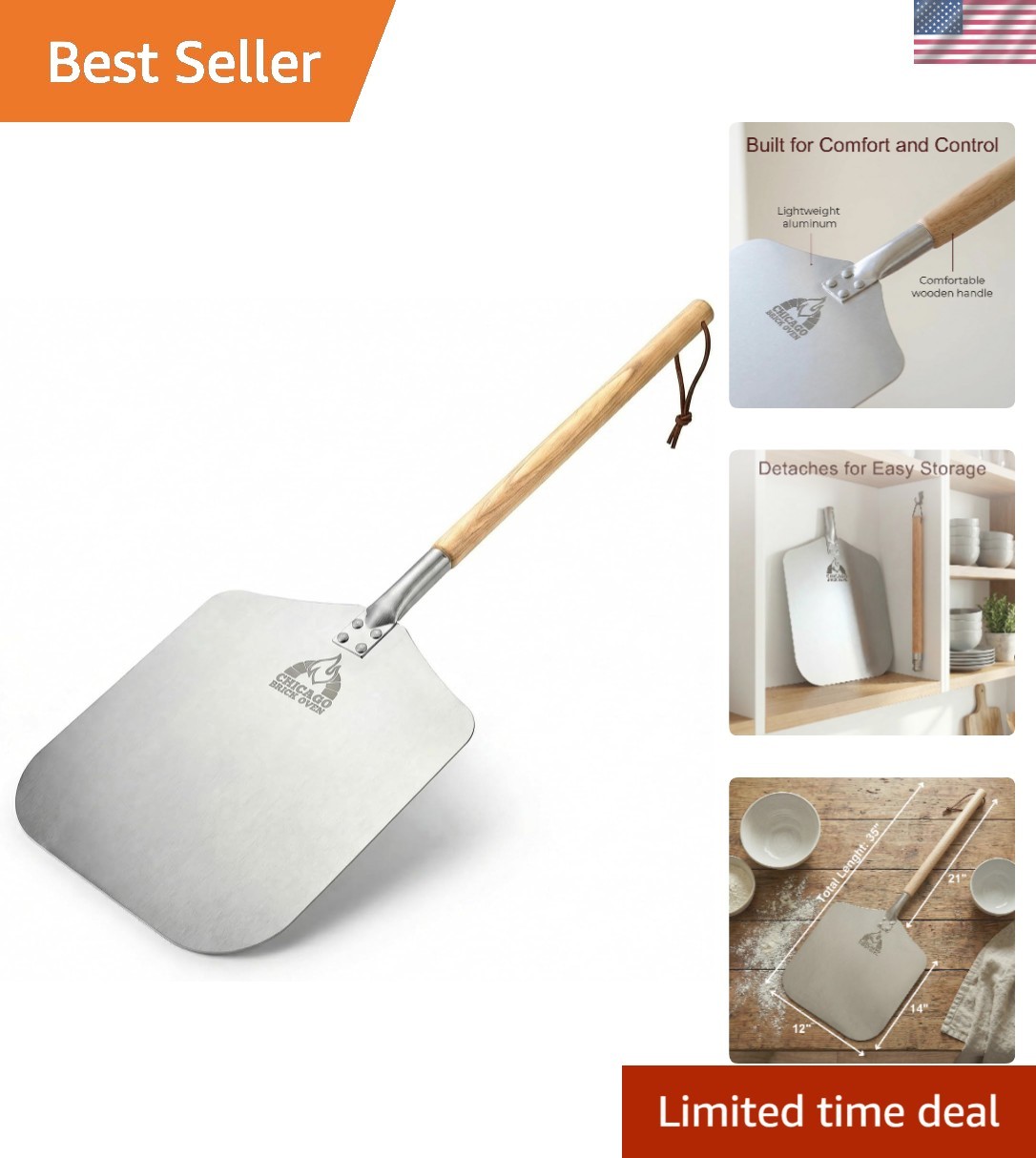 Pizza Peel, 12" x 14" Aluminum Pizza Paddle, 35.5" Long Pizza Shovel with 21"...