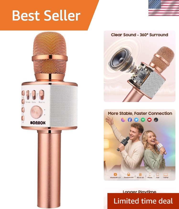 3-in-1 Rose Gold Karaoke Microphone with USB - Versatile for Parties & Family
