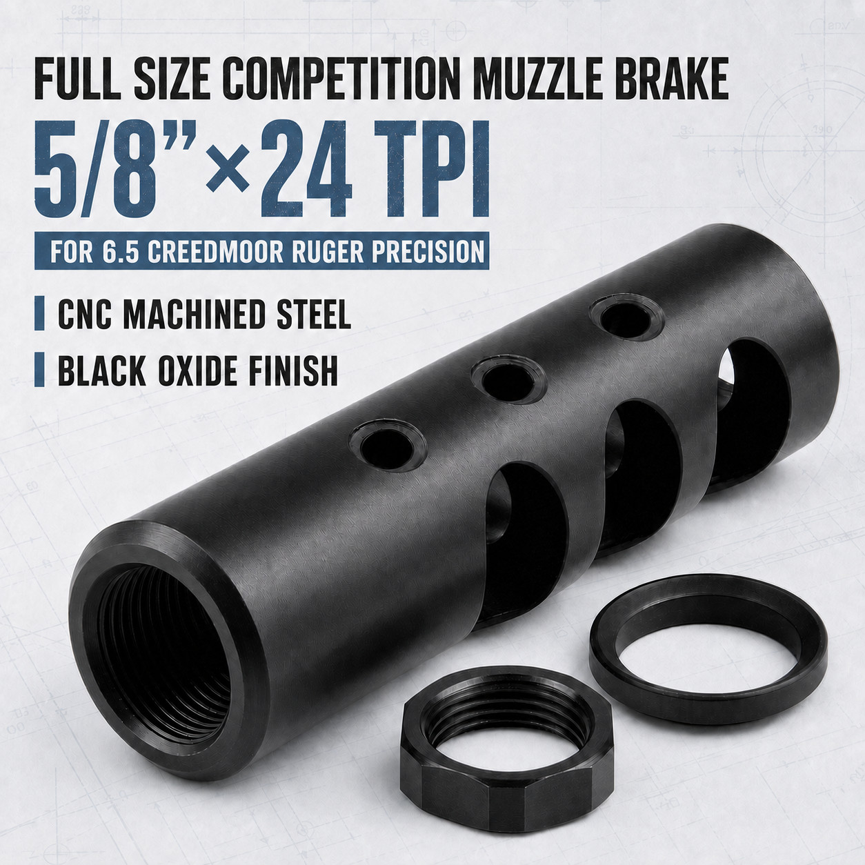 6.5 Creedmoor Ruger Precision Competition Muzzle Brake 5/8x24 TPI + Washer & Nut
