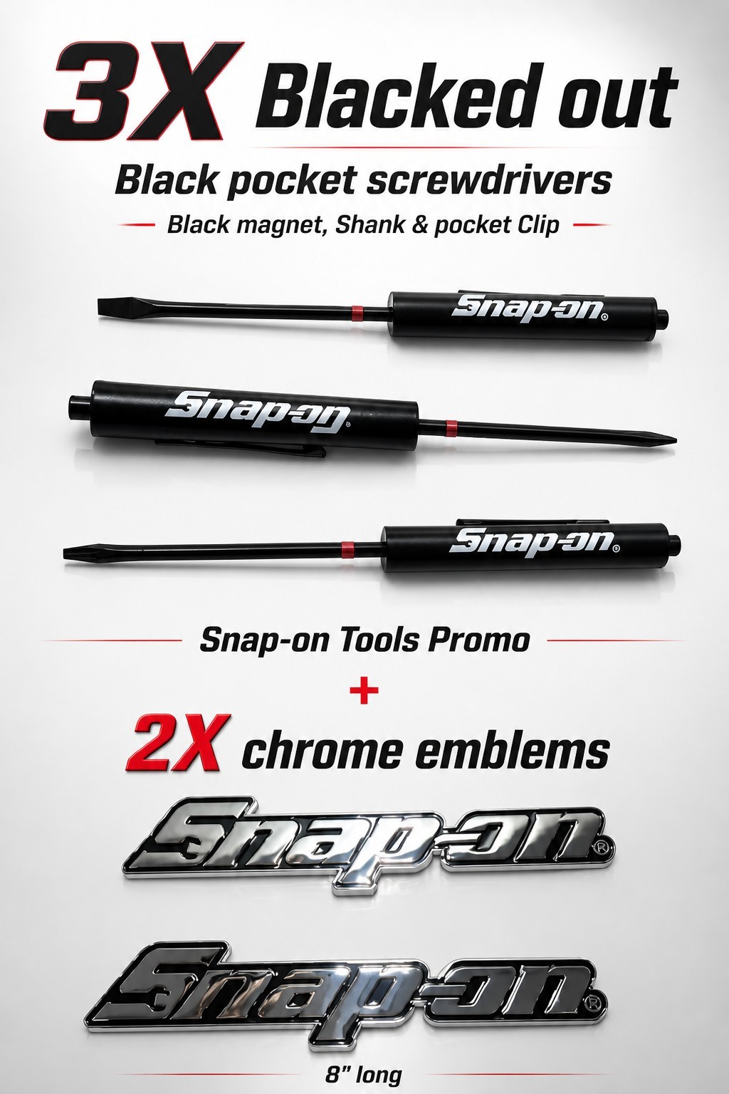 2PK SNAP ON TOOL BOX LOGO EMBLEM Chrome Plastic Badge Decal 8"+3 BLACKOUT Drivrs