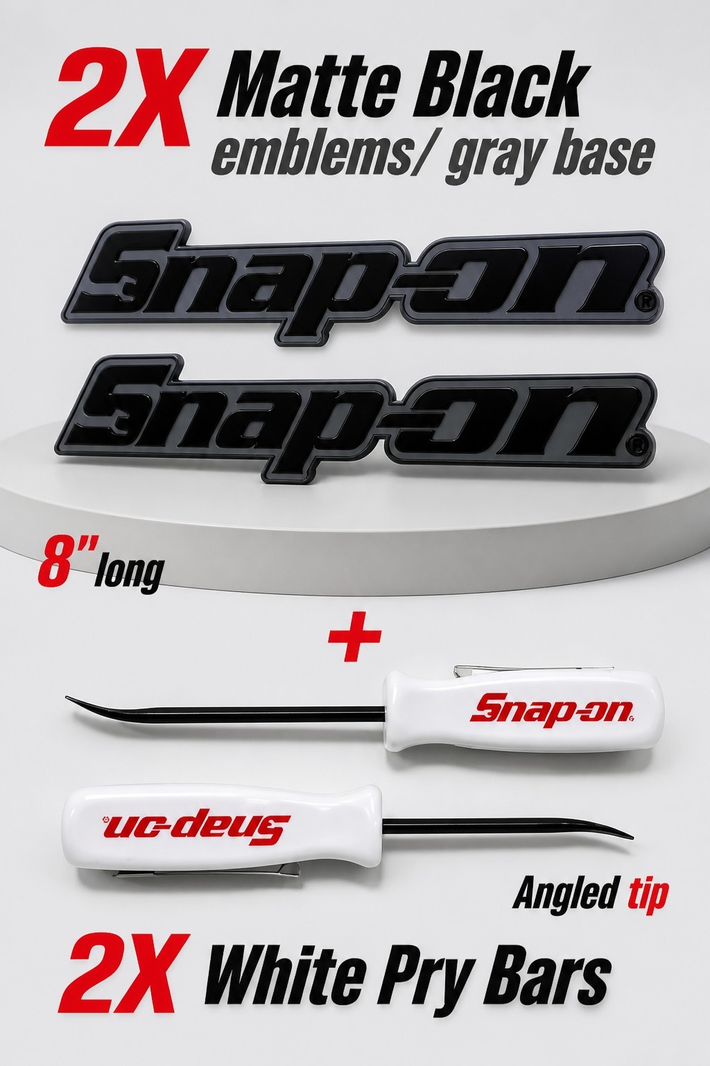 2PK SNAP ON TOOLS LOGO EMBLEM Matte Black Badge Decal + 2 Pocket White Pry Bars!