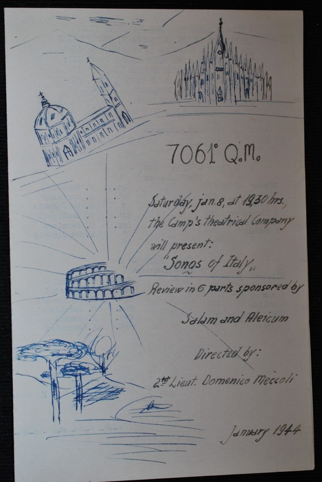 1944 Italian Military Theatre Invitation “Songs of Italy” WWII Year Production