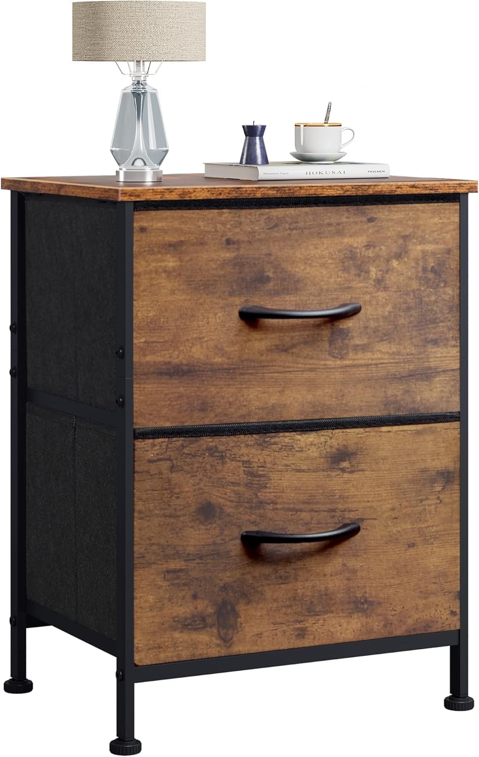 Night Stand Small Dresser W/ 2 Drawers & Wooden Top Nightstand W/ Fabric Bins