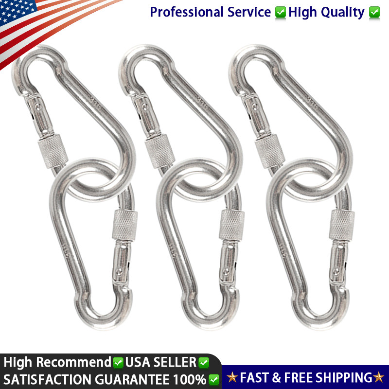6 Pack-1/4" Carabiner Heavy Duty Stainless Steel Locking Carabiner Clips