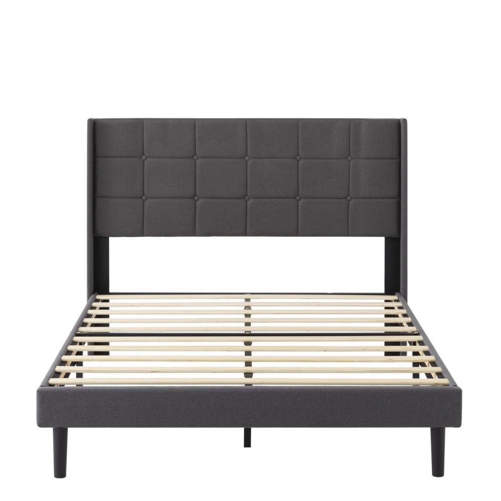FULL Platform Bed, Tufted Headboard, Solid Wood Slats, Dark Gray