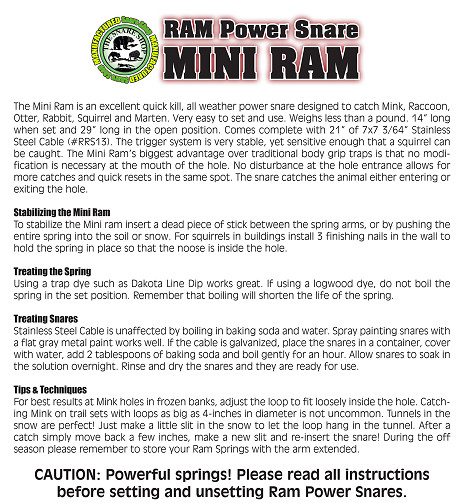 MINI RAM POWER SNARE (Spring & Snare) Mink, Rabbit, Squirrel