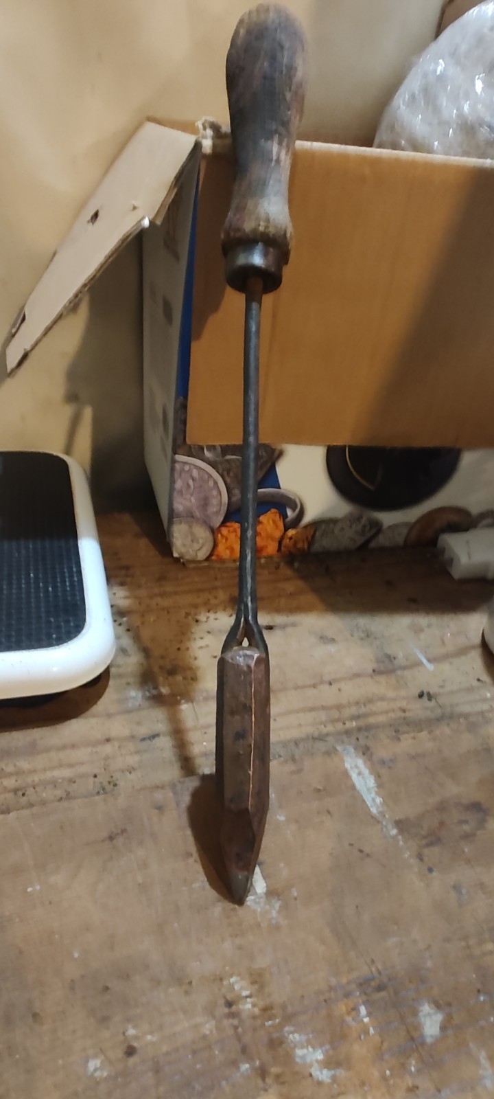 Soldering iron, flame heated copper tip with wood handle, Initial D.A.E .D