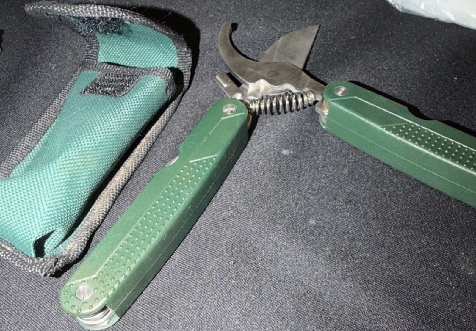 Green Folding Multi-Tool Pocket Knife, Steel Blade, Nylon Belt Pouch