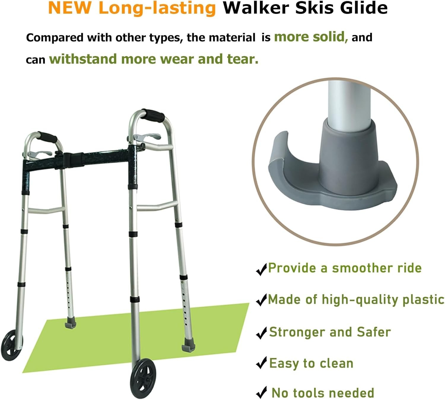 Walker Ski Glides 2 Pack - Universal 1 1/8" Fit Walker Accessories for Senior Fo