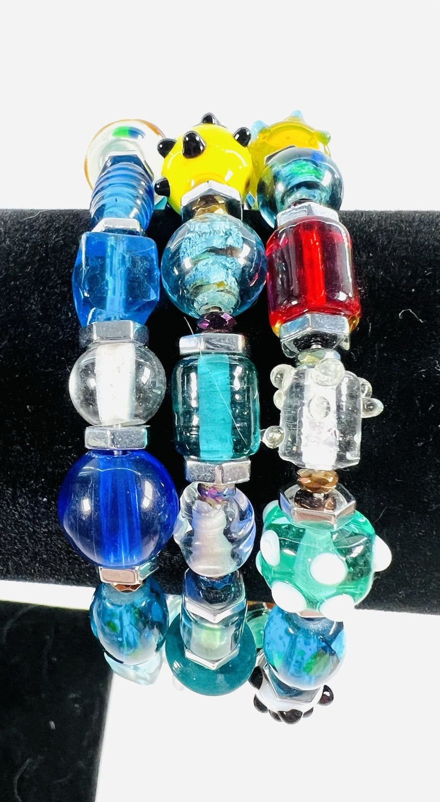 Murano Glass  Multicolor 3 Raw Beads Bracelet Memory Wire Free Size