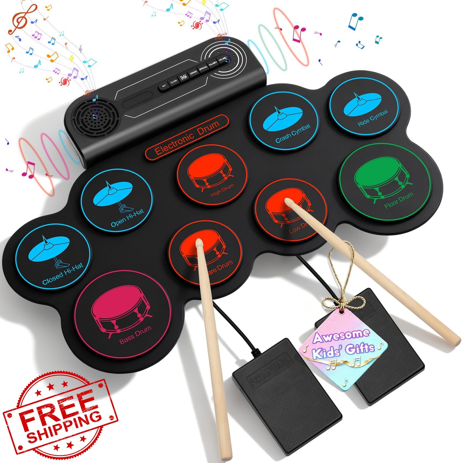 Kids Electric Drum Set, 9-Pad, Roll Up, MIDI