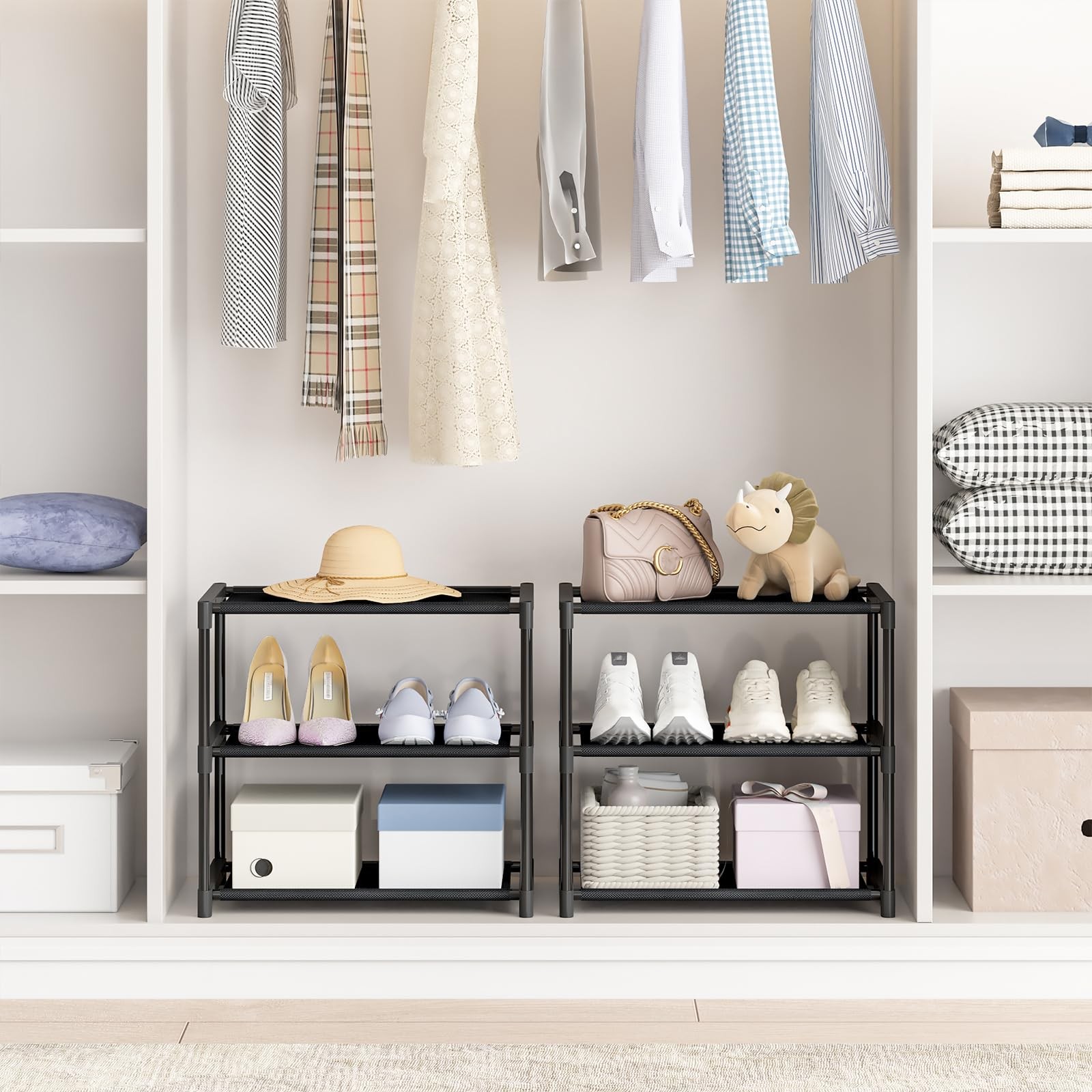 3 Tier Extra Small Shoe Rack (16.3" Wide), Narrow Stackable Shoe Shelf for Ki...