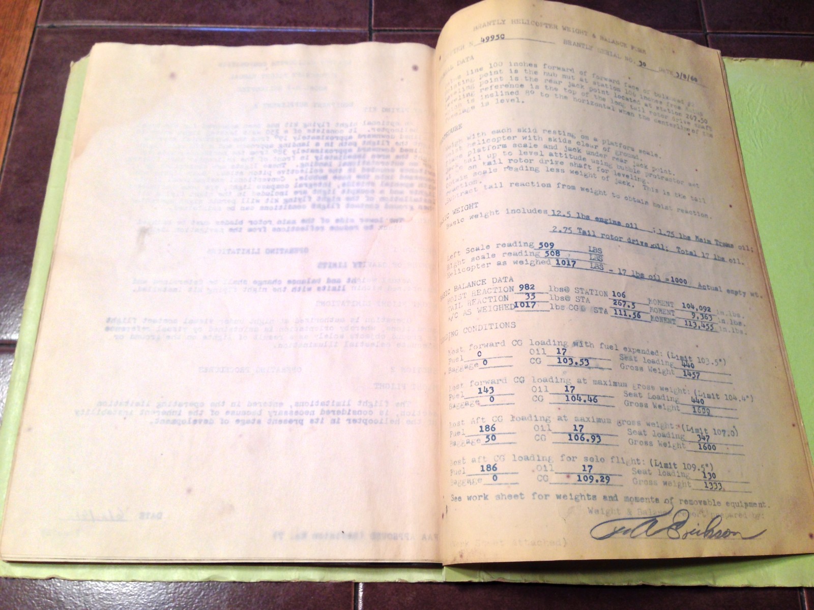 Original Brantly B-2 Helicopter Rotorcraft Flight Manual