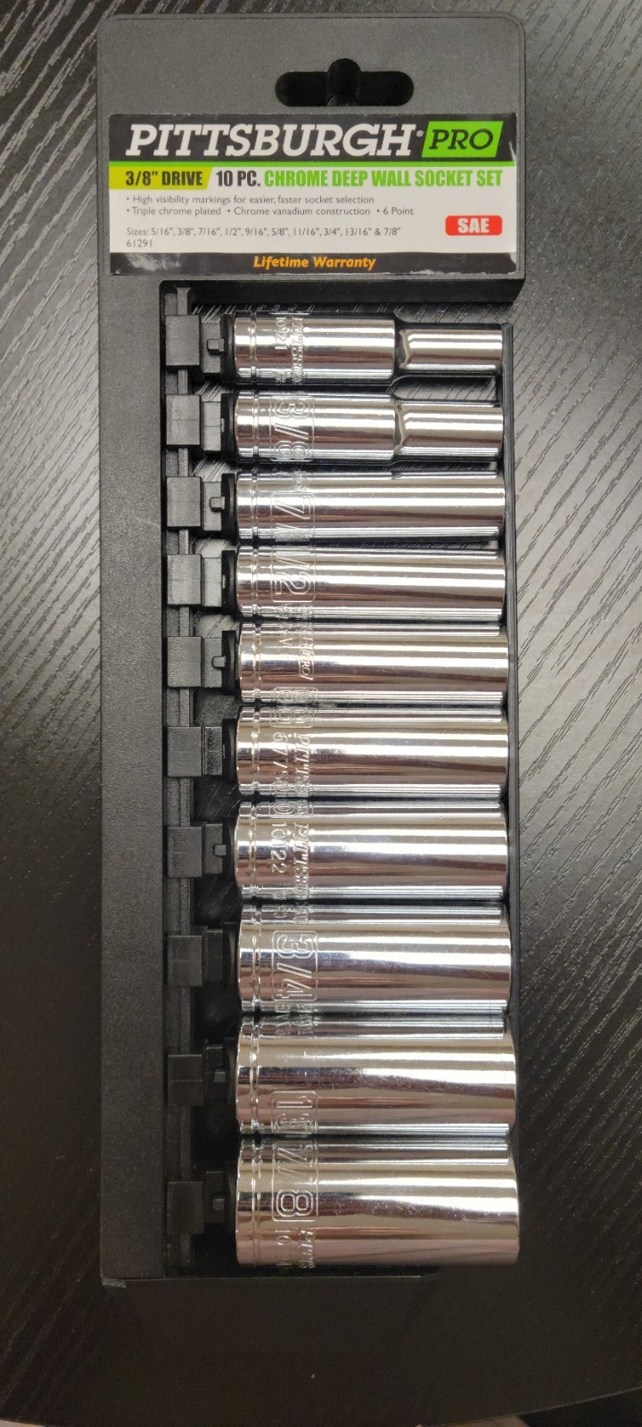 Pittsburgh Pro 6 Point 3/8" Drive 10pc SAE Chrome Deep Well Socket Set