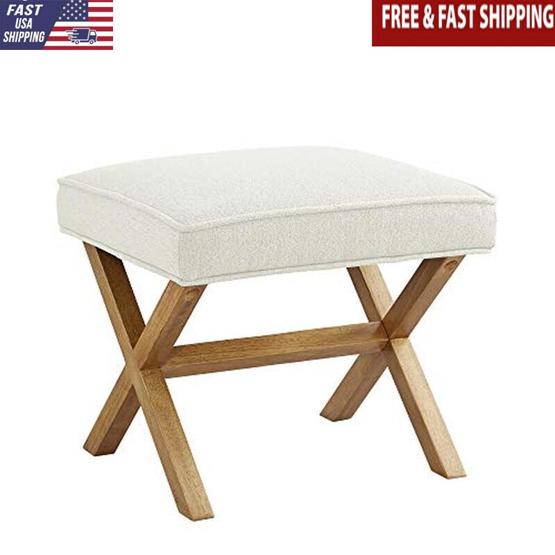 X Frame Ottoman Chair Footstool Solid Wood Upholstered Design Ivory Linen New