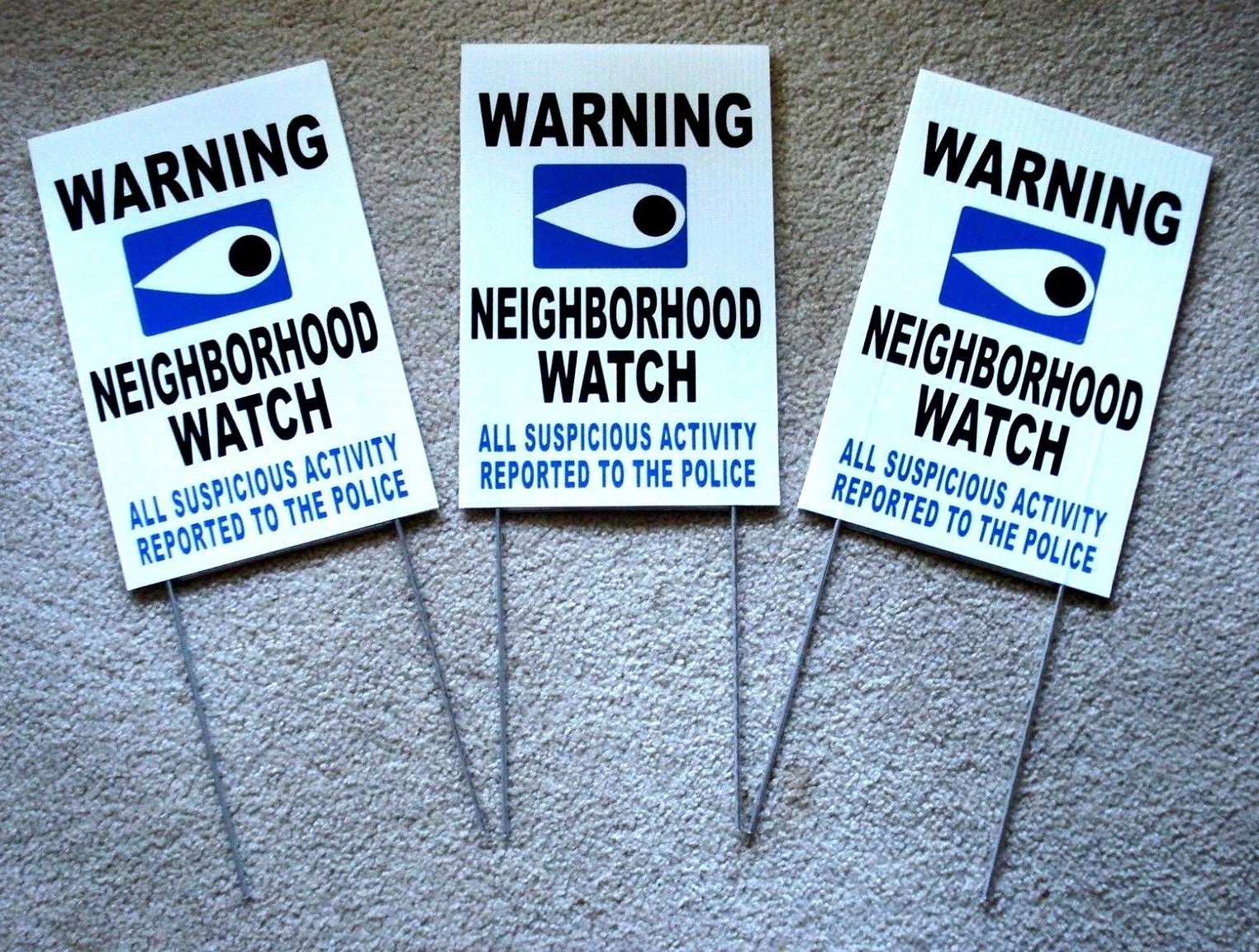 3 WARNING NEIGHBORHOOD WATCH POLICE SIGNS w/Stakes 8x12 Plastic Coroplast  white