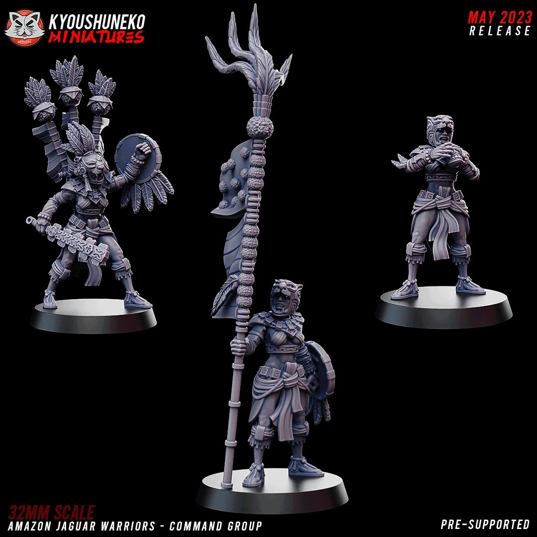 Amazon Jaguar Warrior Command Group (Set of 3) - 28-54mm Resin Tabletop Mini